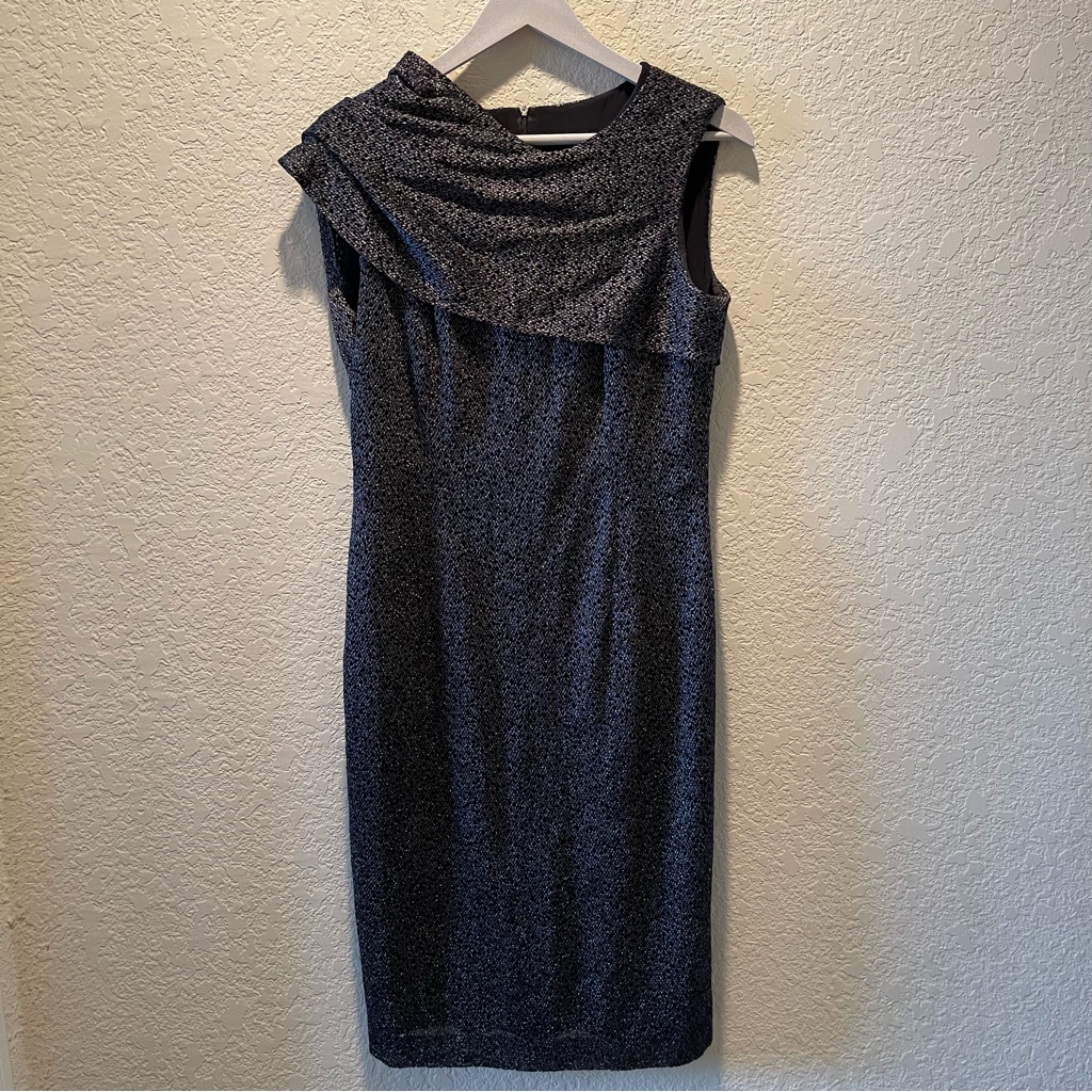 Escada Black Silver Frosted Breathable Lined Detailed Neckline Sheath Dress, 38